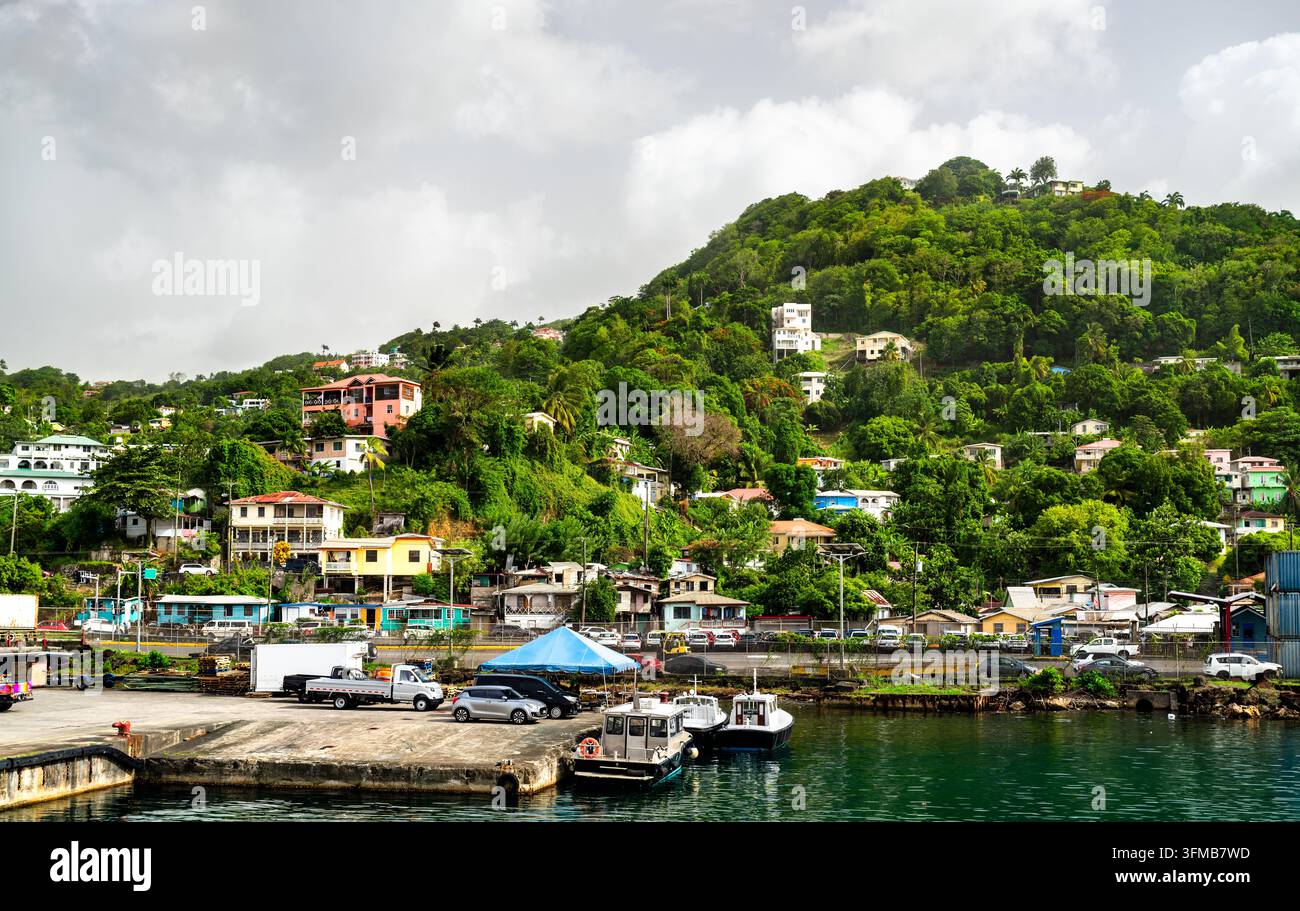 Quai en bord de mer avec des bateaux et des maisons colorées sur une colline tropicale luxuriante dans le port de Castries, Sainte-Lucie. Banque D'Images