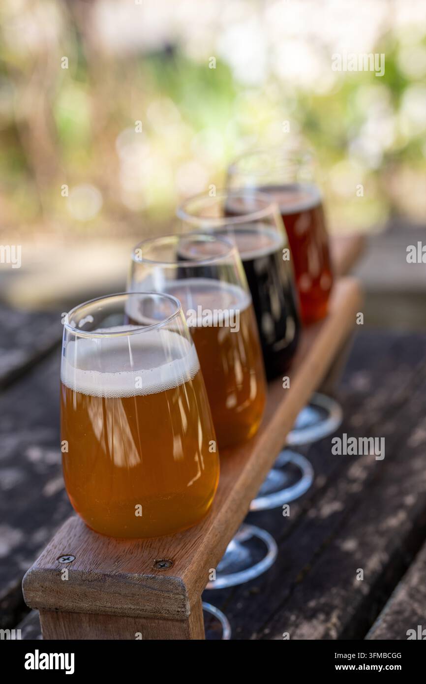 Vol de dégustation de bière de quatre bières artisanales sur une cuillère en bois, mise en table en extérieur, variété de pale ale à stout foncé, expérience de microbrasserie Banque D'Images