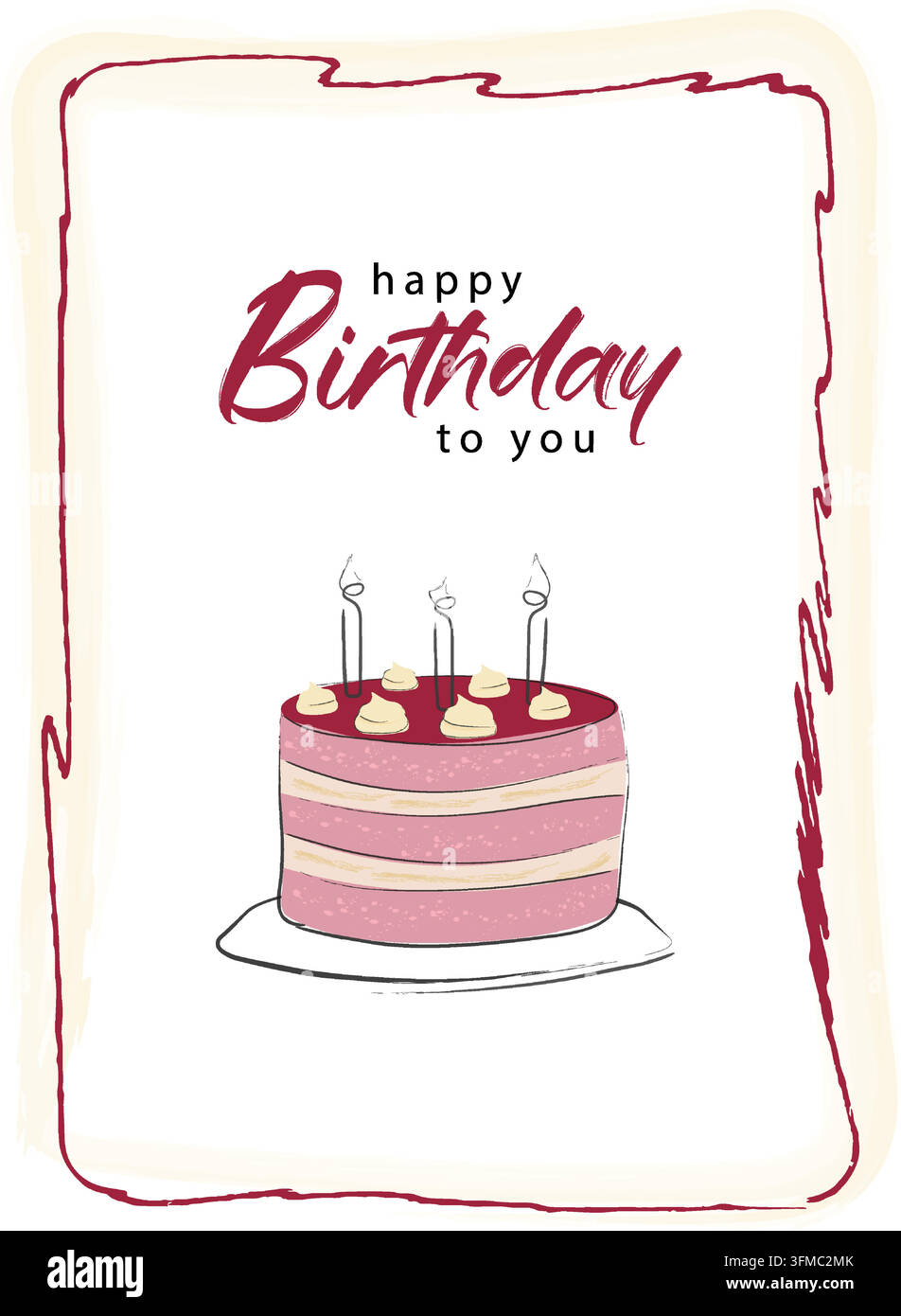 Modèle de carte de vœux d'anniversaire dessiné à la main mettant en vedette un gâteau de fête mignon avec des bougies allumées et le texte „Happy to you". Illustration de Vecteur