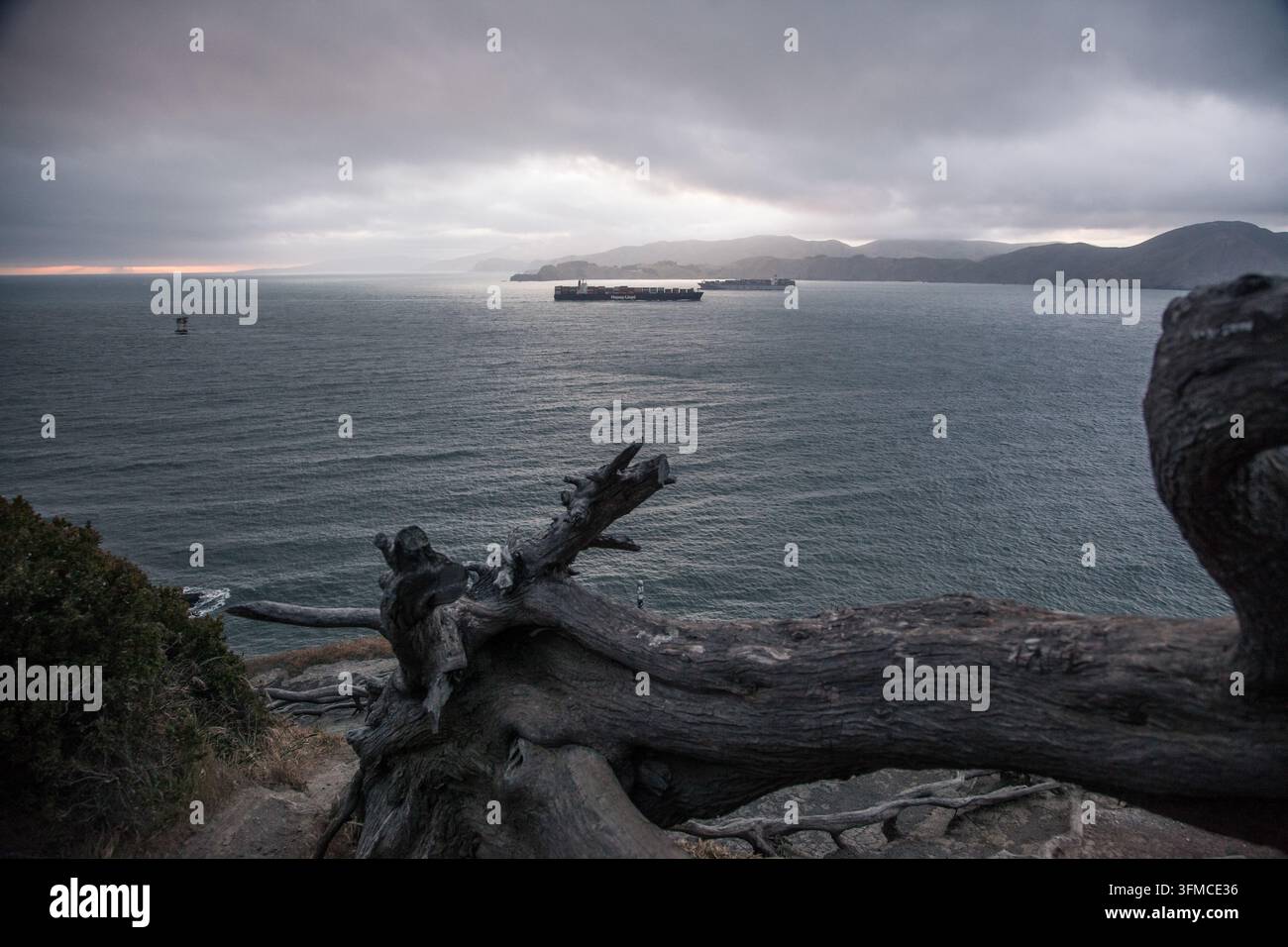 Vue atmosphérique de navires conteneurs depuis une falaise côtière Banque D'Images