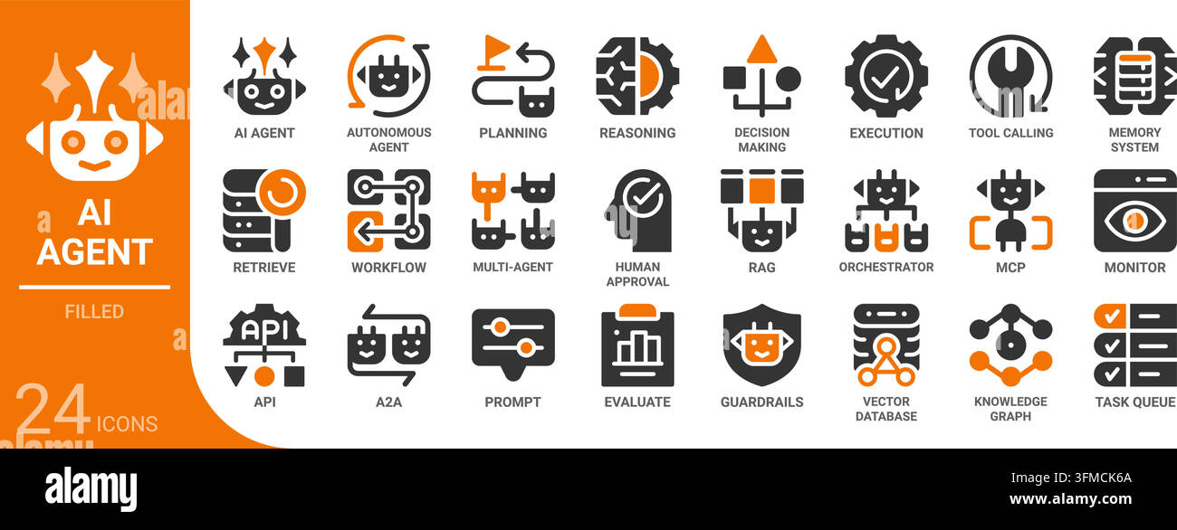 Collection d’icônes de glyphes remplis par un agent IA pour le Web, l’application, l’UI, l’UX, le tableau de bord, la présentation et l’infographie ainsi que la conception imprimée Illustration de Vecteur