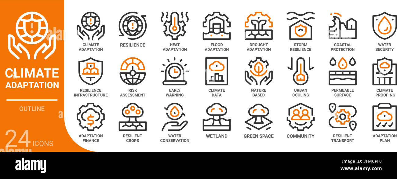 Collection d'icônes de contour d'adaptation au climat pour le Web, l'application, l'UI, l'UX, le tableau de bord, la présentation et l'infographie ainsi que la conception imprimée Illustration de Vecteur