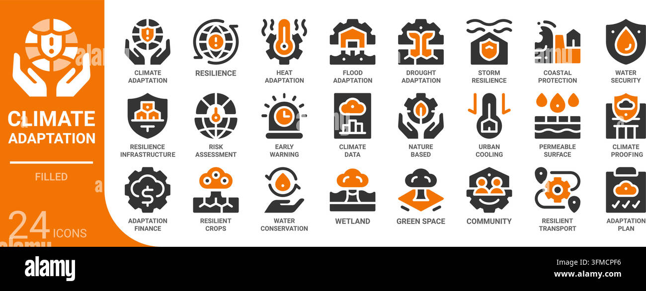 Collection d'icônes glyphes remplis pour l'adaptation au climat pour le Web, l'application, l'UI, l'UX, le tableau de bord, la présentation, l'infographie et la conception imprimée Illustration de Vecteur