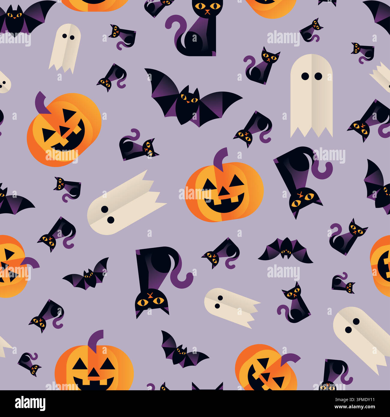 Chats mignons d'Halloween citrouilles fantômes et chauves-souris Motif vectoriel sans couture Illustration de Vecteur