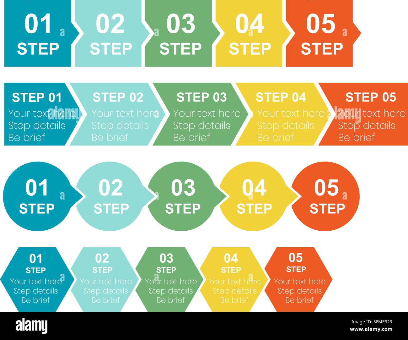 Jeu d'infographies propre et moderne avec plusieurs mises en page de processus en cinq étapes comprenant des blocs fléchés, des éléments circulaires et des designs hexagonaux. Parfait pour les présentations, la planification stratégique, la visualisation de flux de travail, la gestion de projet, les rapports d'entreprise, les graphiques éducatifs et le marketing numérique. Illustration de Vecteur