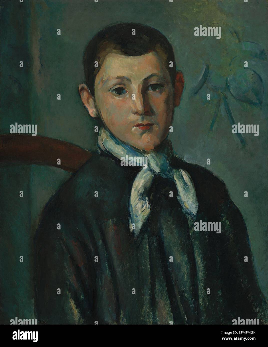 Peinture historique de « Louis Guillaume » par Paul Cézanne, 1879–1890, représentant un jeune homme assis portant une veste sombre et une écharpe de couleur claire. Banque D'Images
