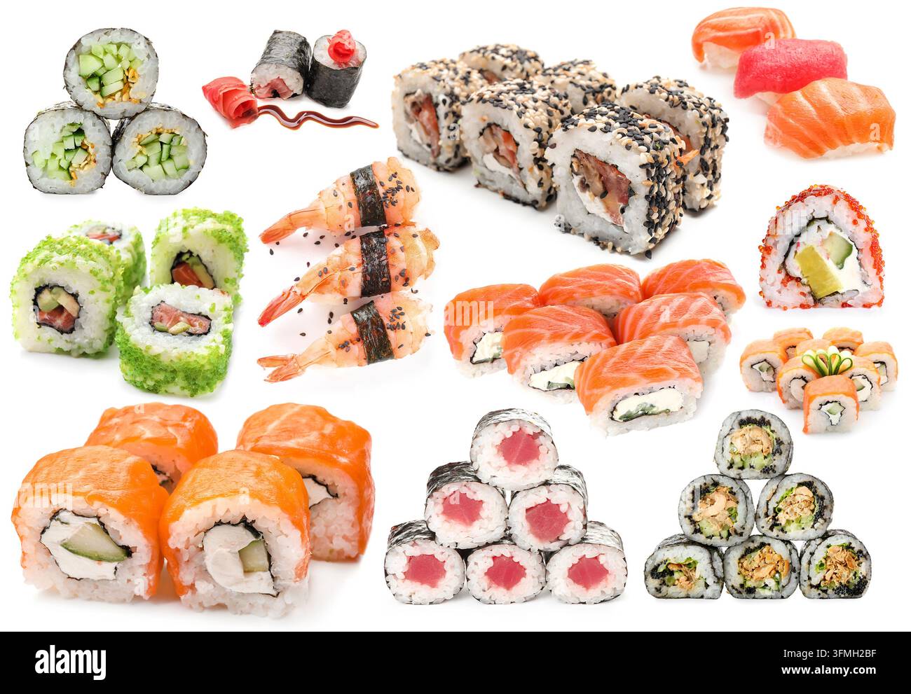 Catering de nourriture japonaise et de sushi, une variété de rouleaux de maki frais et de nigiri au saumon et au thon pour le menu du restaurant isolés sur un fond blanc Banque D'Images