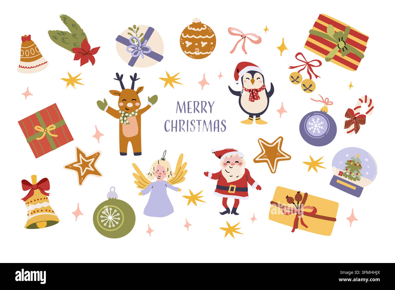 Ensemble de personnages et d'icônes festifs de Noël mignons. Carte postale du Père Noël, ange, pingouin, cerf et boîtes-cadeaux, nœuds et sucreries. Illustration vectorielle dessinée à la main est Illustration de Vecteur