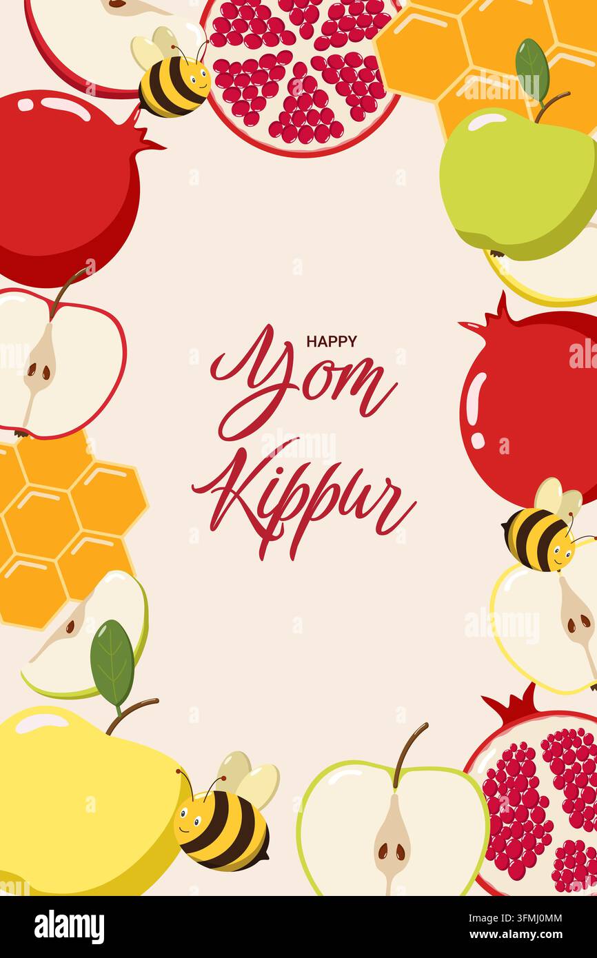 Illustration festive de Yom Kippur avec le texte "Happy Yom Kippur" en écriture rouge, entourée de pommes, grenades, rayons de miel et abeilles sur un fond beige Banque D'Images