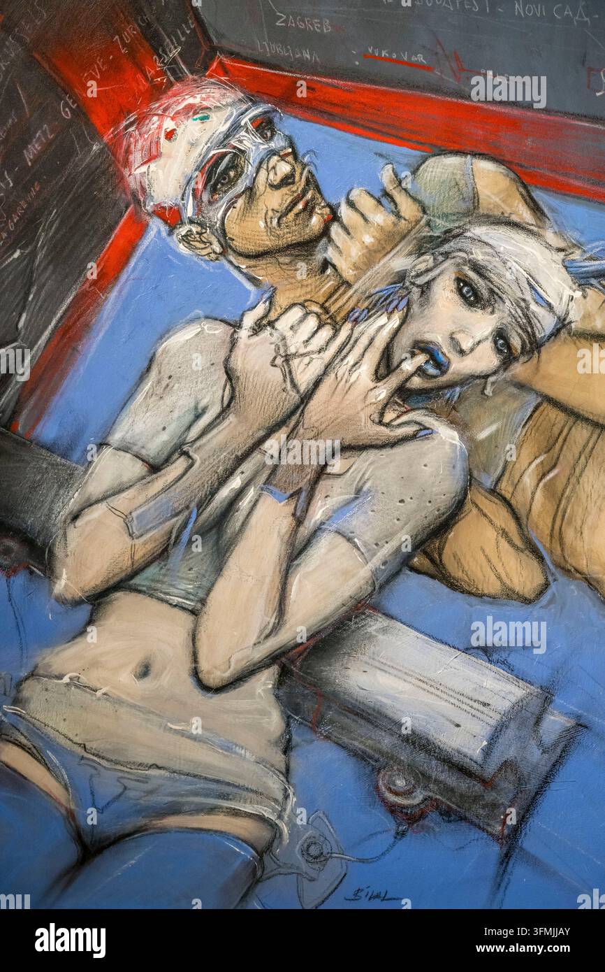 France, Paris, Fonds (collection) Enki Bilal, Les Clandestins du rail (2000) (détail) acrylique, pastels à l'huile, crayon et encre de Chine Banque D'Images