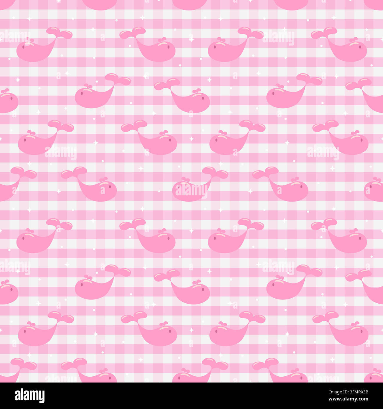 Des baleines kawaii rose vif brillant se répètent sur un fond à carreaux rose doux avec des paillettes blanches éparpillées, créant un motif décoratif amusant et ludique Illustration de Vecteur