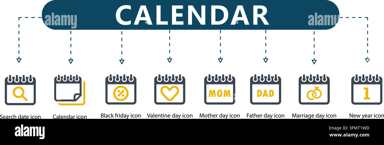 Infographie vectorielle d'icônes de ligne de calendrier mettant en vedette sept symboles de date en contour, y compris la date de recherche, le Vendredi Noir, la Saint-Valentin, la Fête des Mères et le Nouvel An. Illustration de Vecteur
