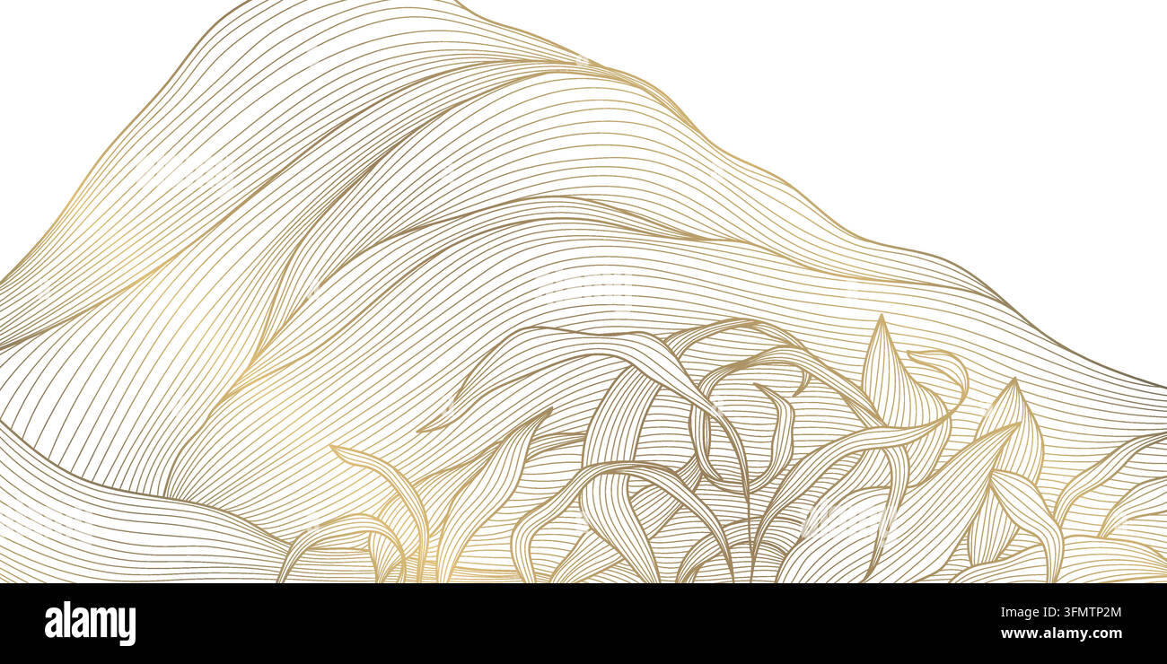Motif de paysage abstrait japonais élégant avec des lignes fluides, des montagnes et des feuilles dorées, des plantes. Vue sur les collines et l'herbe, aventure, dessin de randonnée Illustration de Vecteur