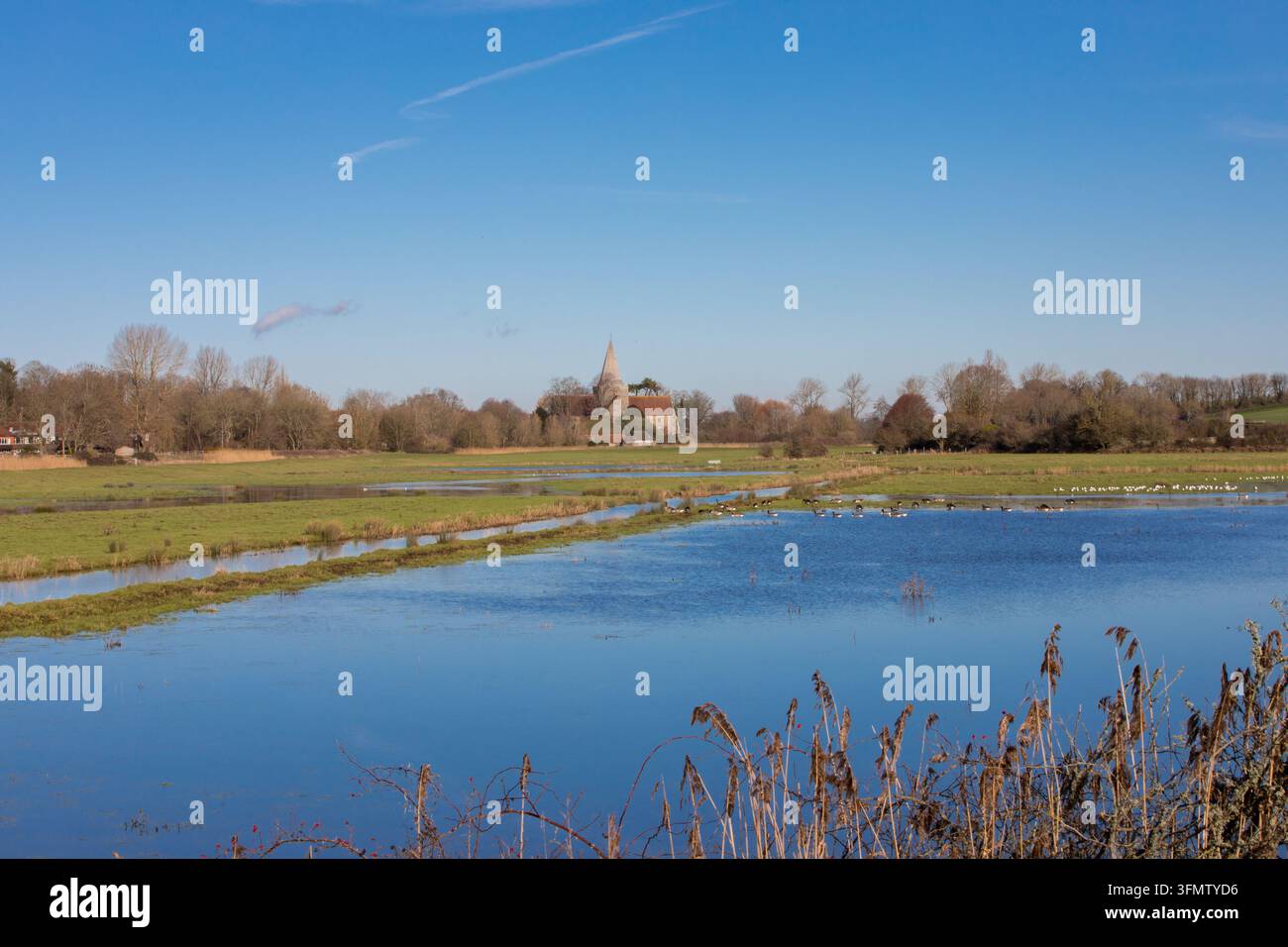 L'historique église St Andrew d'Alfriston, dans l'East Sussex, Royaume-Uni, se dressant au-delà des plaines fortement inondées de la vallée de la Cuckmere. Banque D'Images