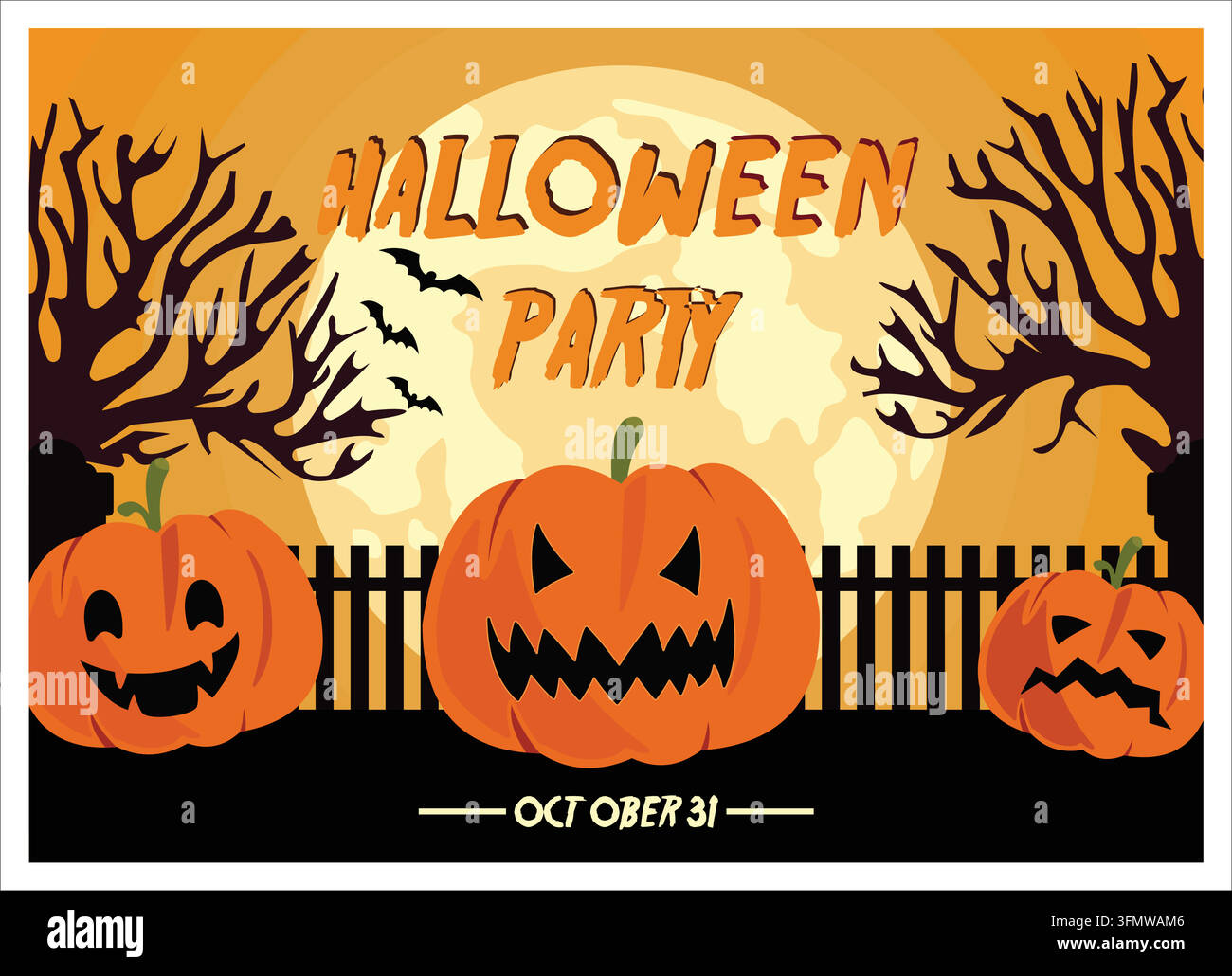 Célébrez Halloween avec cette invitation à une fête effrayante mettant en scène des citrouilles sculptées, des chauves-souris et une pleine lune. Parfait pour les festivités du 31 octobre et les événements hantés Illustration de Vecteur