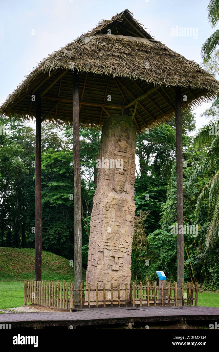 Stèle dans les ruines mayas de Quiriguá, Guatemala, Amérique centrale Banque D'Images