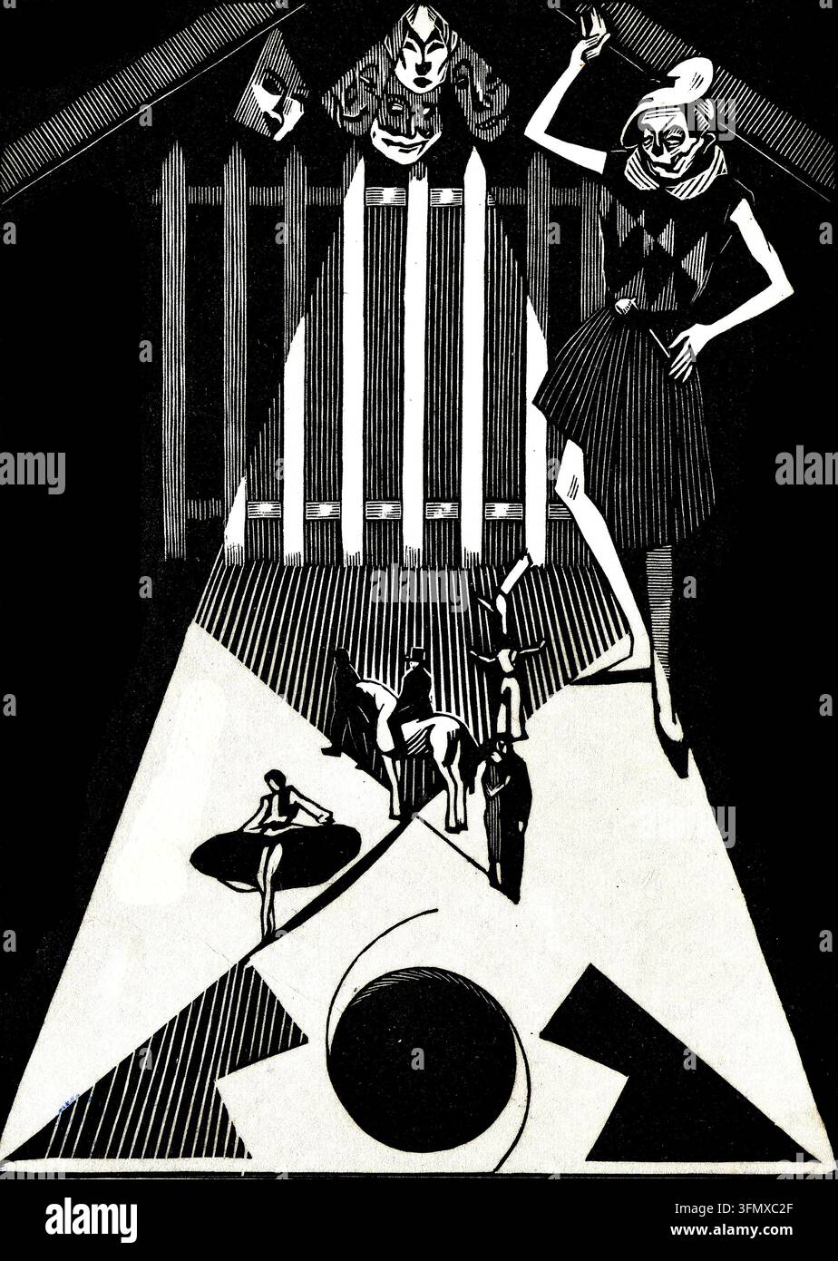 Marc Gonthier (Attribué) - (1895–1954) - La Mort traquant le cirque - La composition présente des motifs noirs et blancs nets, géométriques et à contraste élevé typiques des styles d'impression avant-gardistes du début du XXe siècle, tels que l'Expressionnisme et le Cubisme. Elle représente une interprète ou une figure surdimensionnée au visage squelettique regardant vers le bas sur un chemin de projecteur éclairé rempli de petites figurines, de chevaux et d'un vortex circulaire central. Banque D'Images
