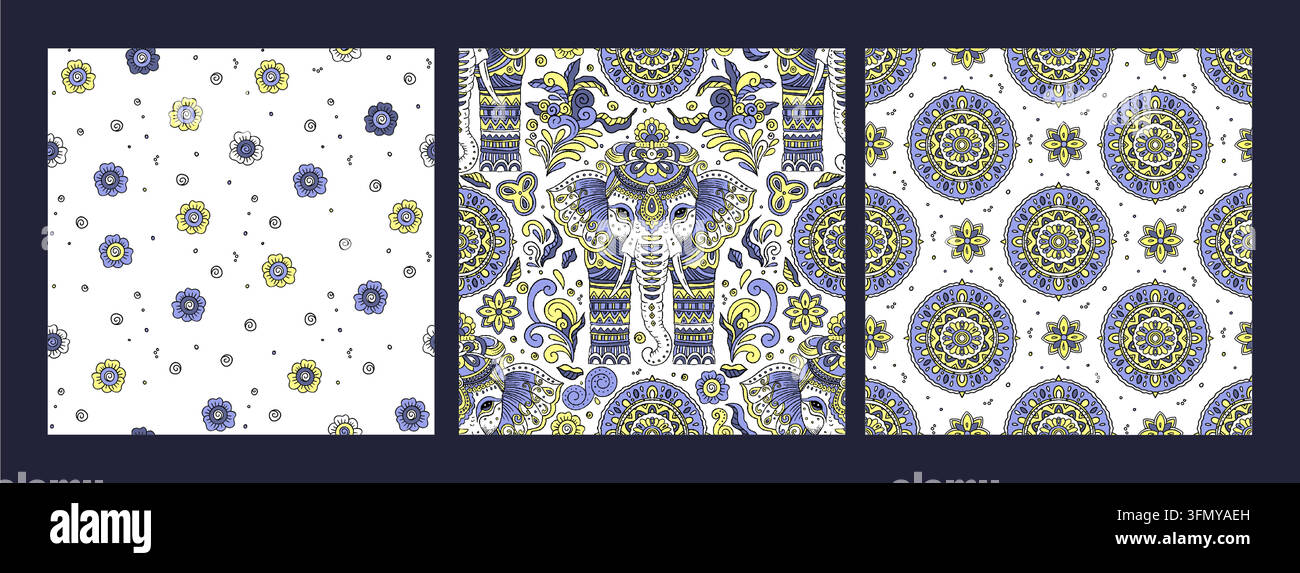 Ensemble de motifs floraux d'éléphant vintage vectoriels sans jointures Illustration de Vecteur