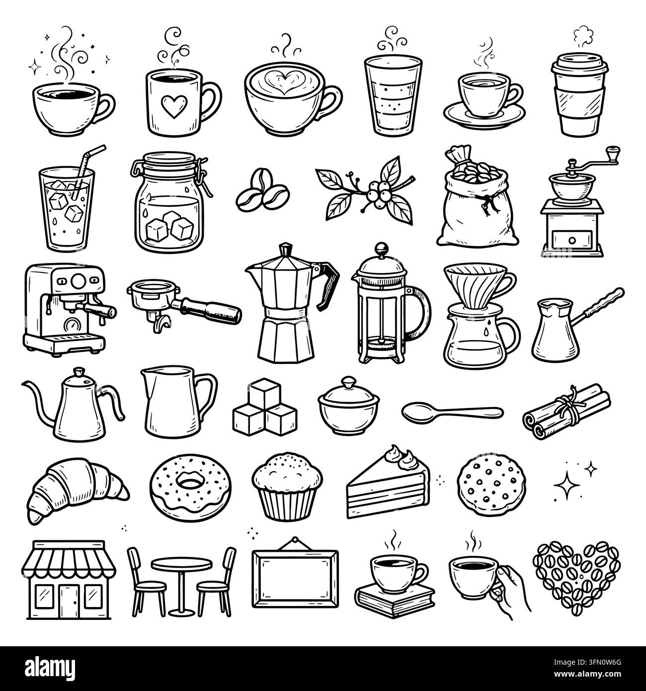Ensemble de doodles sur le thé et le café, art linéaire dessinché à la main avec tasses à café, outils de brassage, grains de café et pâtisseries. Illustration de Vecteur