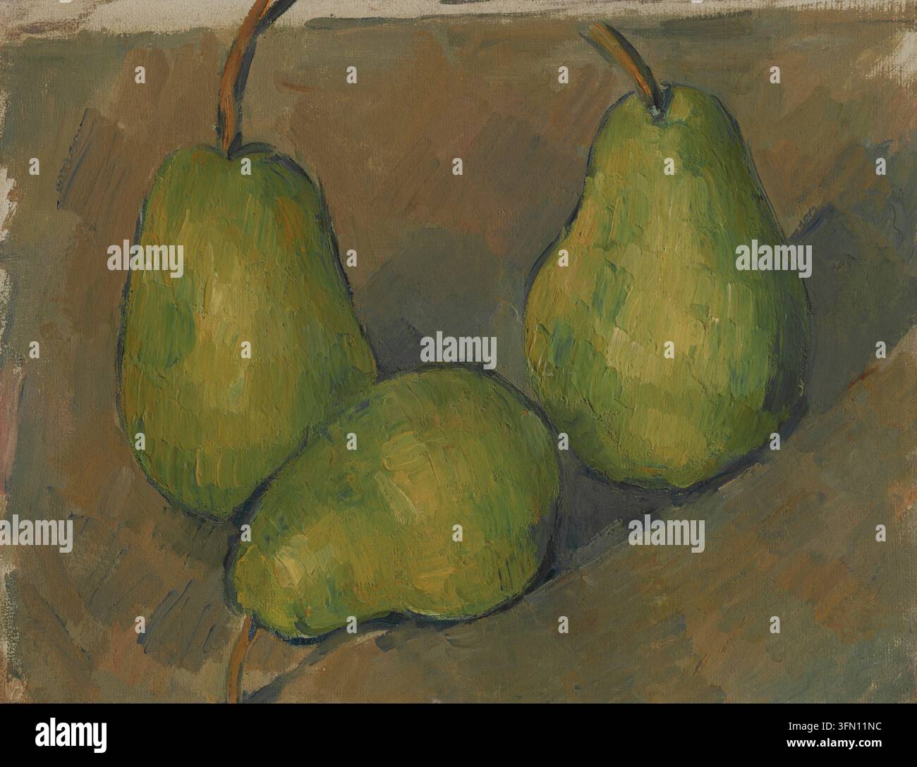 Peinture historique de Trois Poires par Paul Cezanne, 1878/1879, représentant trois poires vertes disposées sur un fond brun atténué. Banque D'Images