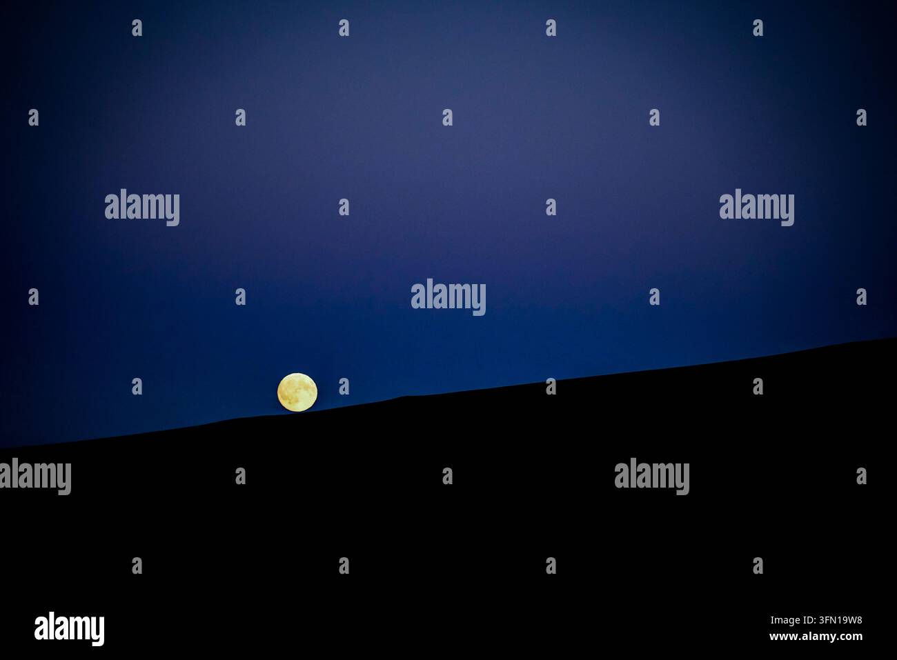 Une pleine lune jaune lumineuse se lève au-dessus d'une ligne d'horizon sombre et silhouette, sur un fond de ciel crépusculaire bleu profond. La lune est positionnée en Banque D'Images