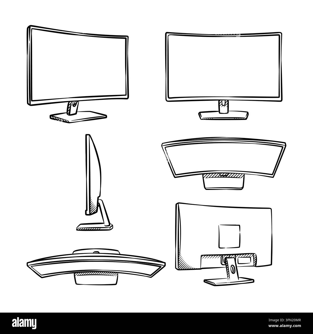 Ensemble d'illustrations vectorielles au trait dessinées à la main représentant des écrans d'ordinateur incurvés sous plusieurs angles, y compris face, dos, côté, haut, bas et perspective Illustration de Vecteur