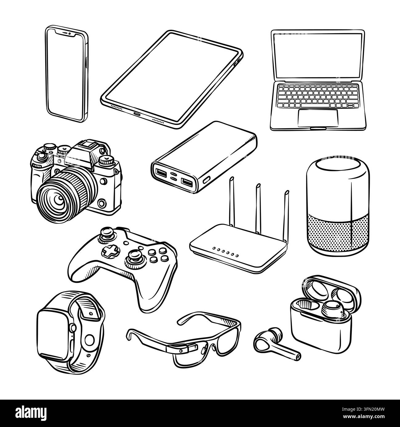 Collection d'illustrations en art linéaire vectoriel dessiné à la main de gadgets technologiques intelligents modernes et d'électronique grand public. Cette icône de croquis technique monochrome et épurée Illustration de Vecteur