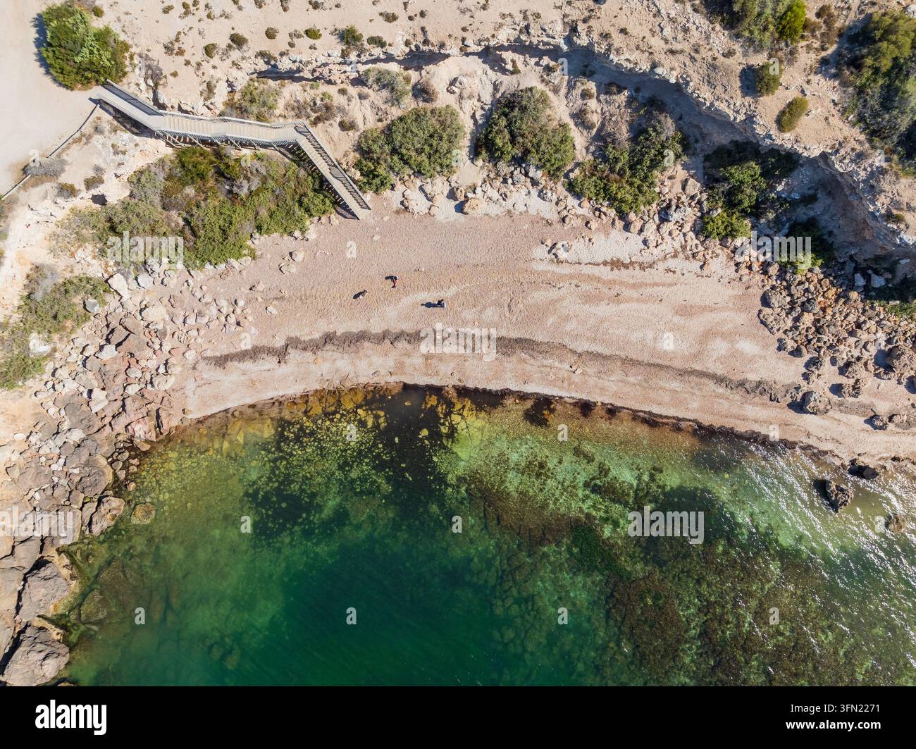 Vue aérienne d'une escalier menant à une plage isolée à Point Turton sur la péninsule de Yorke en Australie du Sud Banque D'Images
