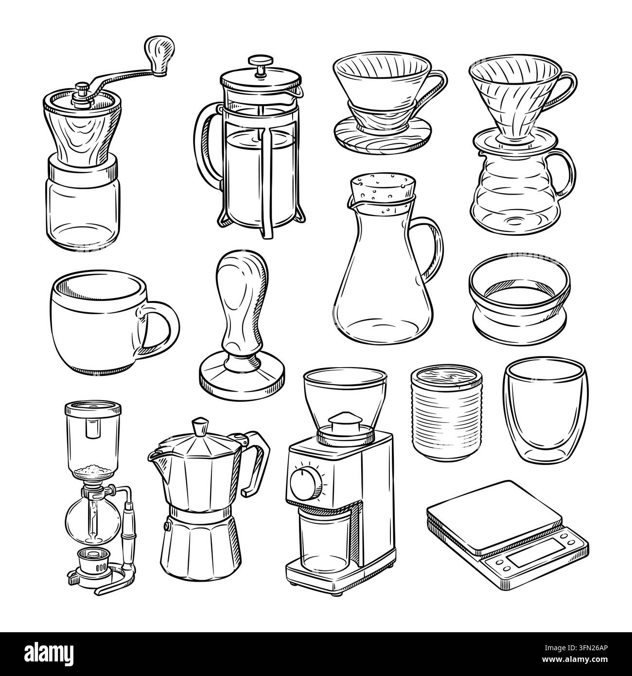 Une collection d'illustrations vectorielles détaillées d'équipement vintage pour la préparation du café, mettant en avant des éléments de trait noir et blanc dessinés à la main. Parfait pour caf Illustration de Vecteur