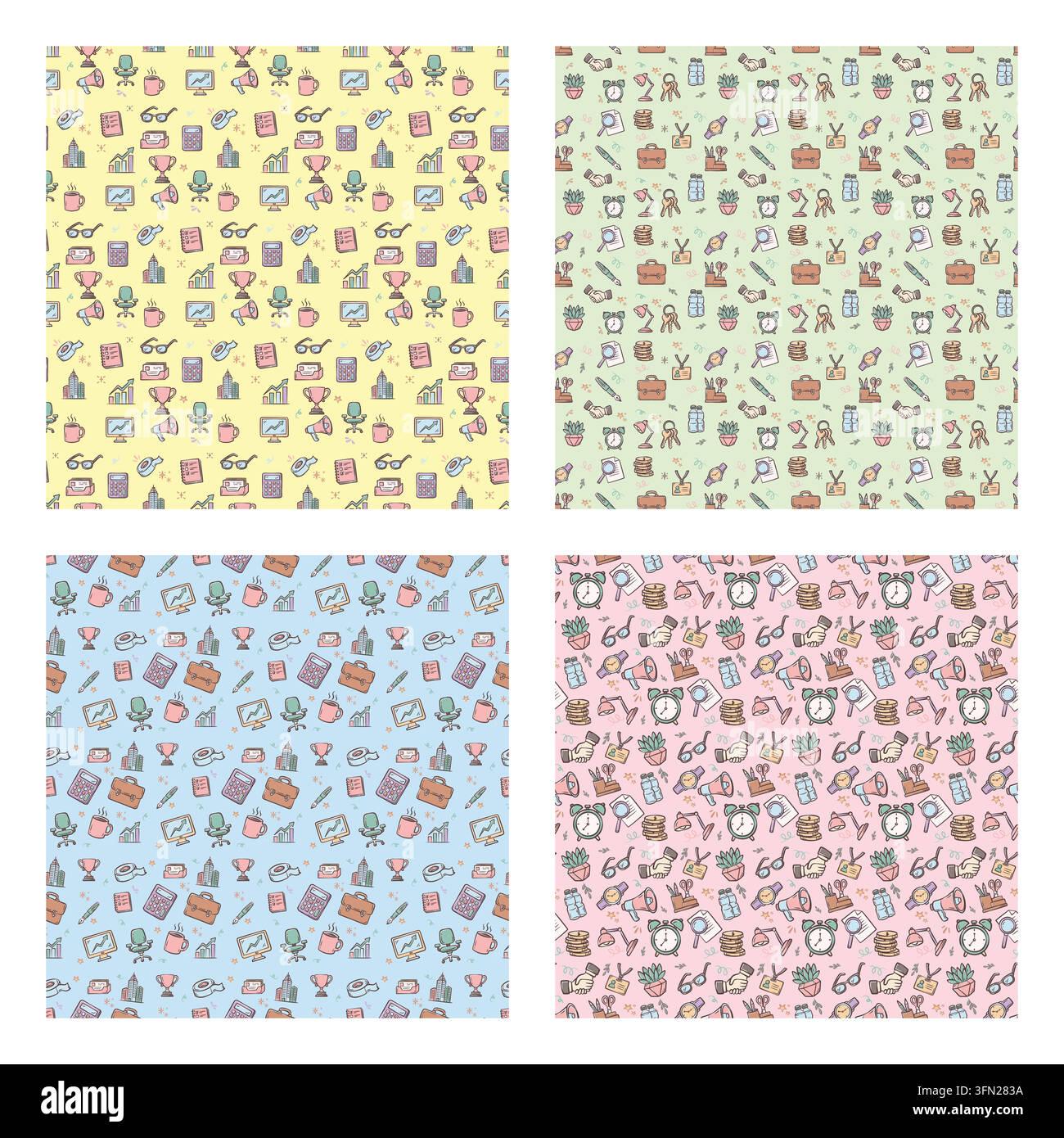 Ensemble de fournitures de bureau colorées dessinées à la main et motif sans couture mettant en valeur des outils de travail, des gadgets et des symboles d'entreprise sur des fonds pastel Illustration de Vecteur