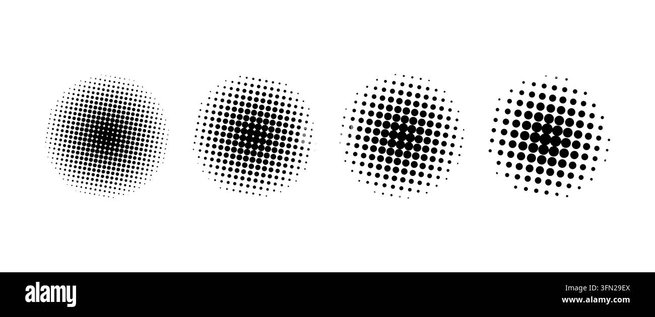 Ensemble de quatre dégradés de points hachurés circulaires en noir, chacun avec une densité et un ombrage variables. Design abstrait minimaliste parfait pour l'impression, graphique Banque D'Images