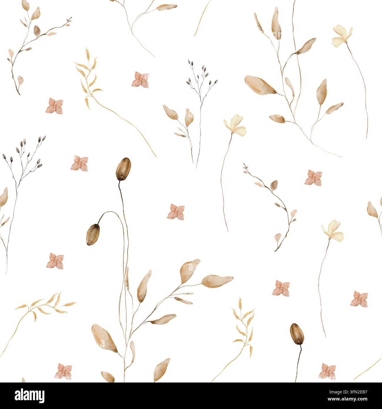 Motif sans couture peint à la main à l'aquarelle avec des herbes séchées, des capsules de graines, des brindilles, des feuilles et de minuscules fleurs dans des tons chauds de terre cuite, rouille, ocre et beige Banque D'Images