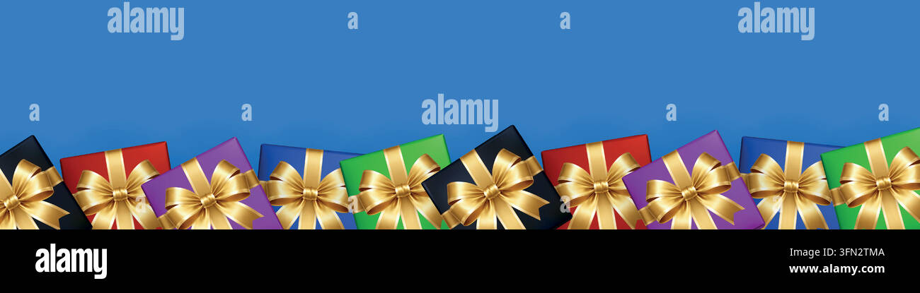 Boîtes cadeaux colorées avec nœuds dorés. Bannière vectorielle de célébration festive Illustration de Vecteur