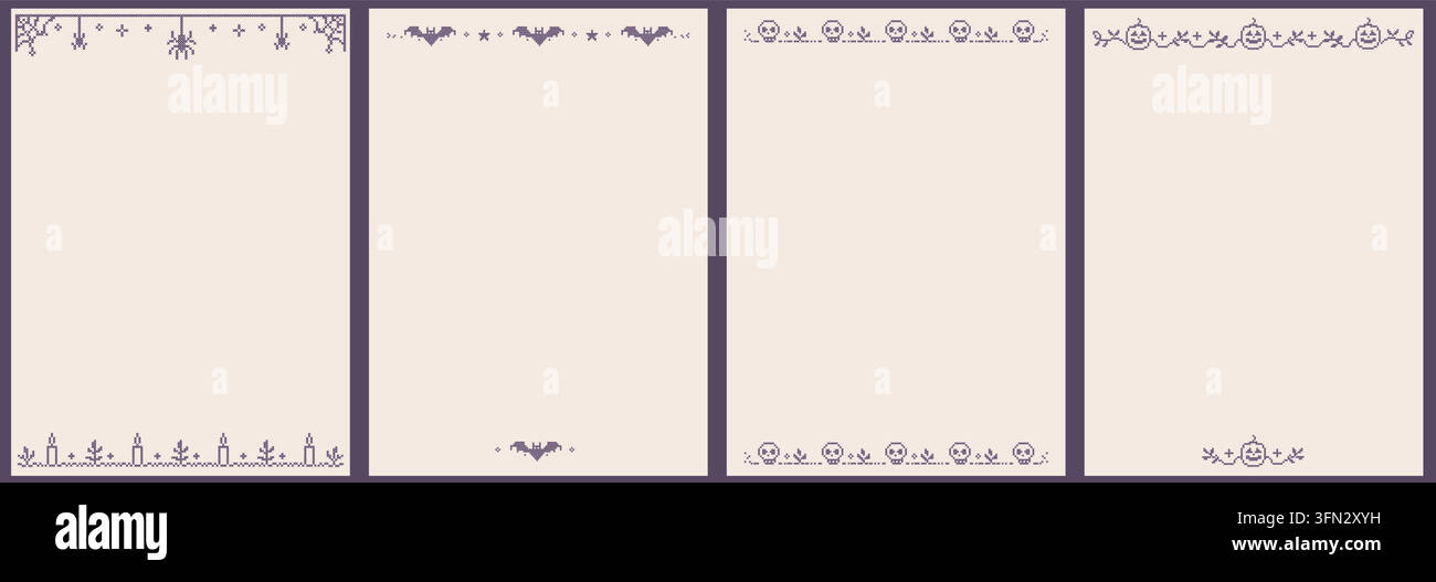 Ensemble de modèles de cartes de vœux d’Halloween au point de croix. Fonds d’art folklorique d’broderie effrayants. Dispositions d’invitations numériques avec araignée, chauve-souris, crâne et pum Illustration de Vecteur