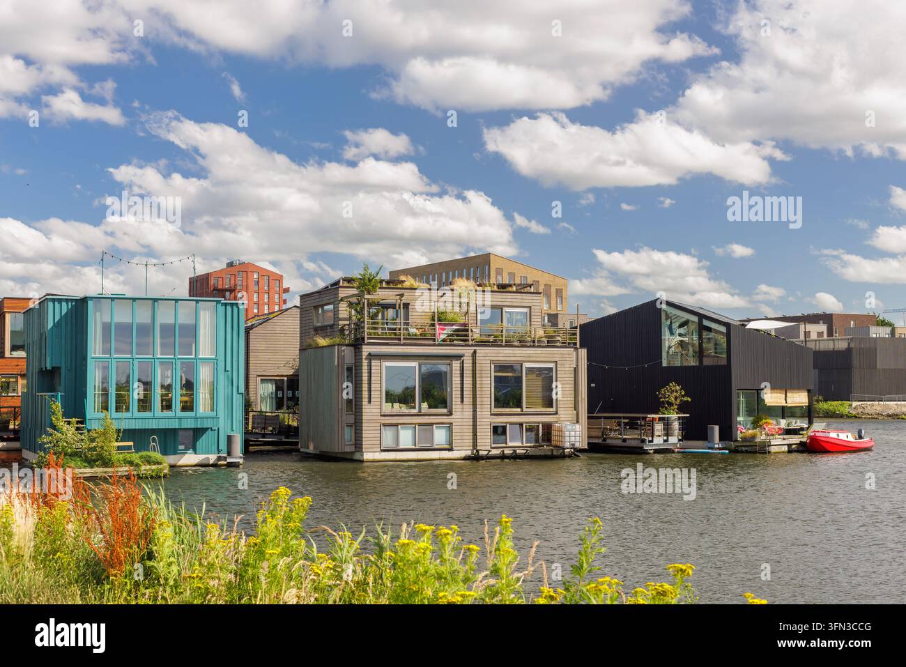 Amsterdam, Pays-Bas – 10 juillet 2026 : Bateaux-house contemporains colorés à Amsterdam-Nord, Pays-Bas Banque D'Images
