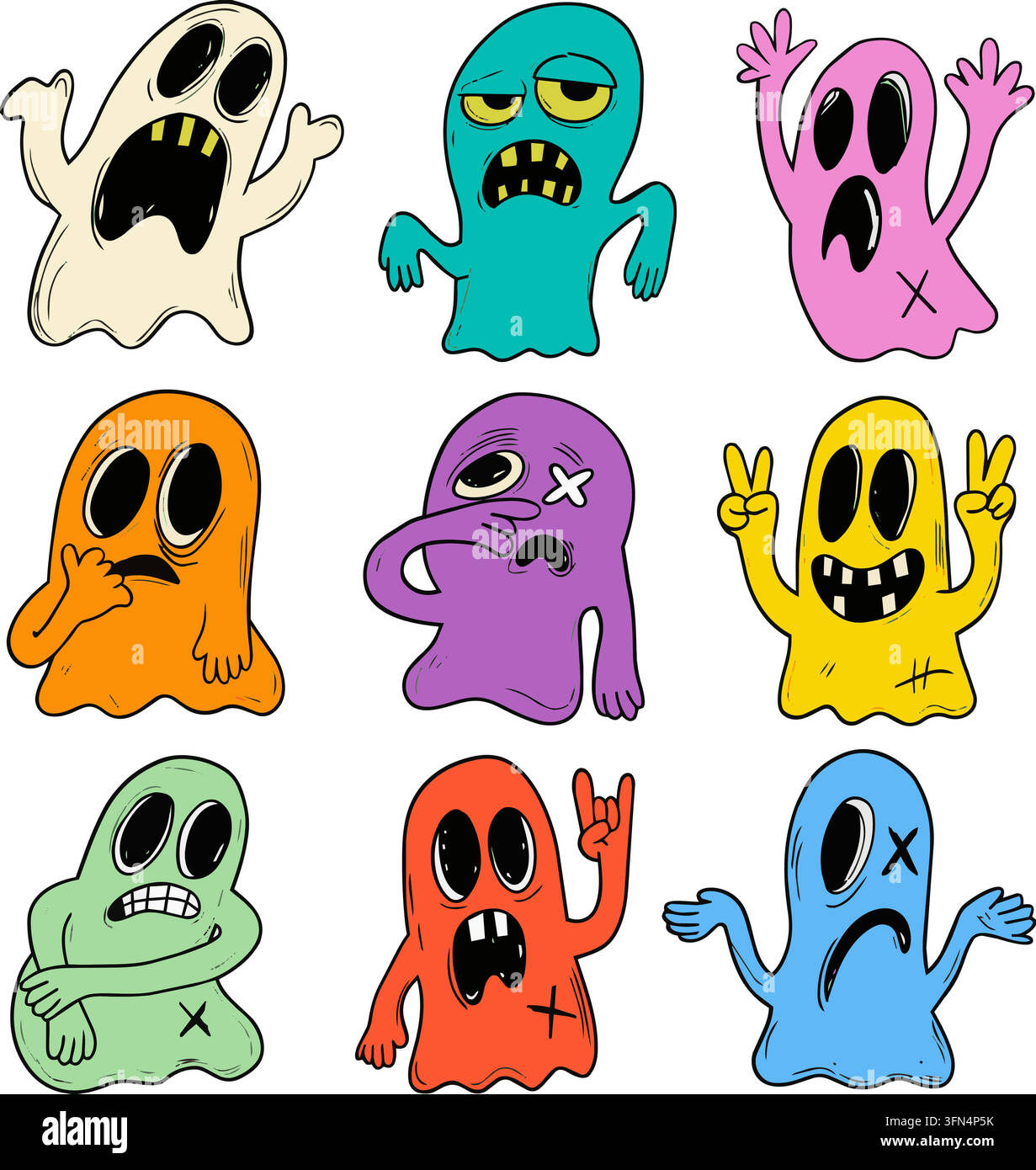 Ensemble de fantômes mignons et drôles de style BD rétro. Personnages de fantômes colorés dessinés à la main avec diverses expressions et poses pour Halloween Illustration de Vecteur