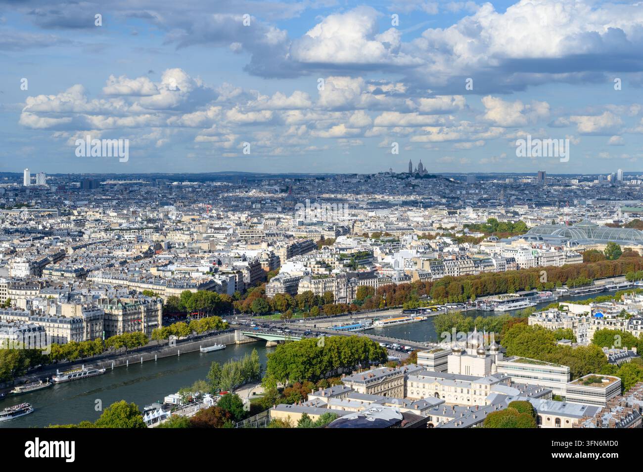 Paris s'étend sous un vaste ciel partiellement nuageux. La Seine serpente à travers la grille historique de la ville. Des toits blancs et des arbres verts encadrent le ca Banque D'Images