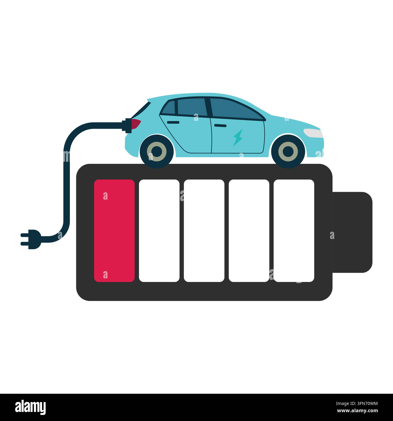 Un véhicule électrique bleu garé sur une grande icône de batterie faible tout en étant branché à un câble, représentant le concept de recharge de VE et de niveau de puissance. Illustration de Vecteur