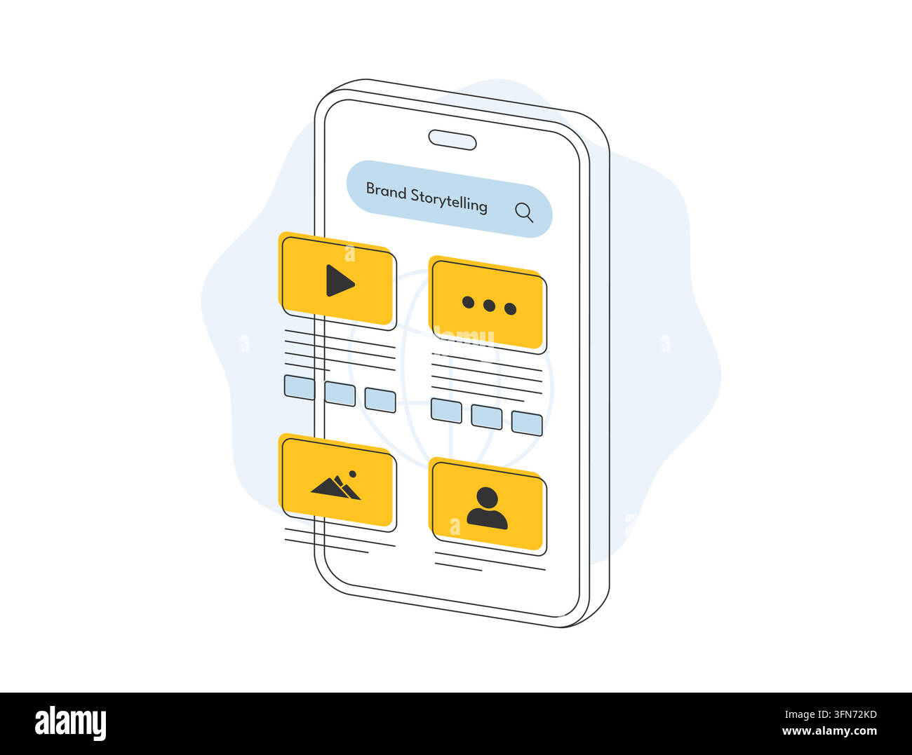 Storytelling de marque pour le contenu des réseaux sociaux, le marketing visuel et la communication de marque. Stratégie de contenu, stratégie narrative et engagement du public pour le marketing numérique, illustration vectorielle. Illustration de Vecteur