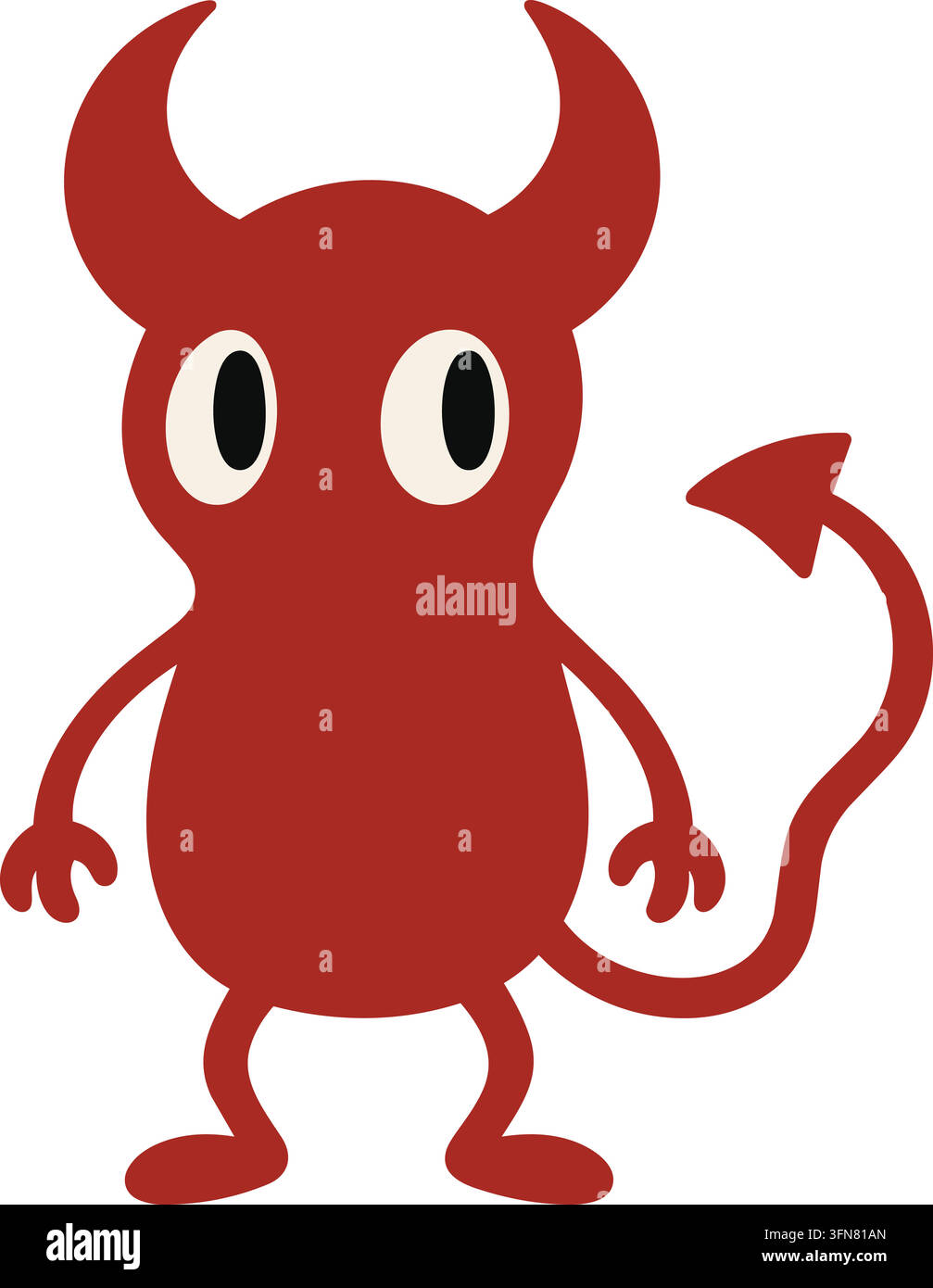 Illustration plate d'un diable de dessin animé rouge avec des cornes courbées, de grands yeux ovales, de petits bras, des pieds arrondis et une longue queue en forme de flèche recourbée Illustration de Vecteur