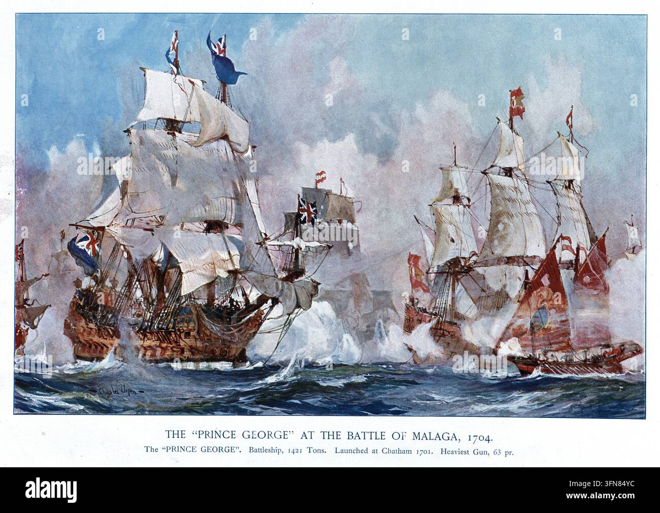 Histoire de la Royal Navy britannique, HMS Prince George à la bataille de Malaga en 1704, pendant la guerre de succession d'Espagne Illustration vintage Banque D'Images