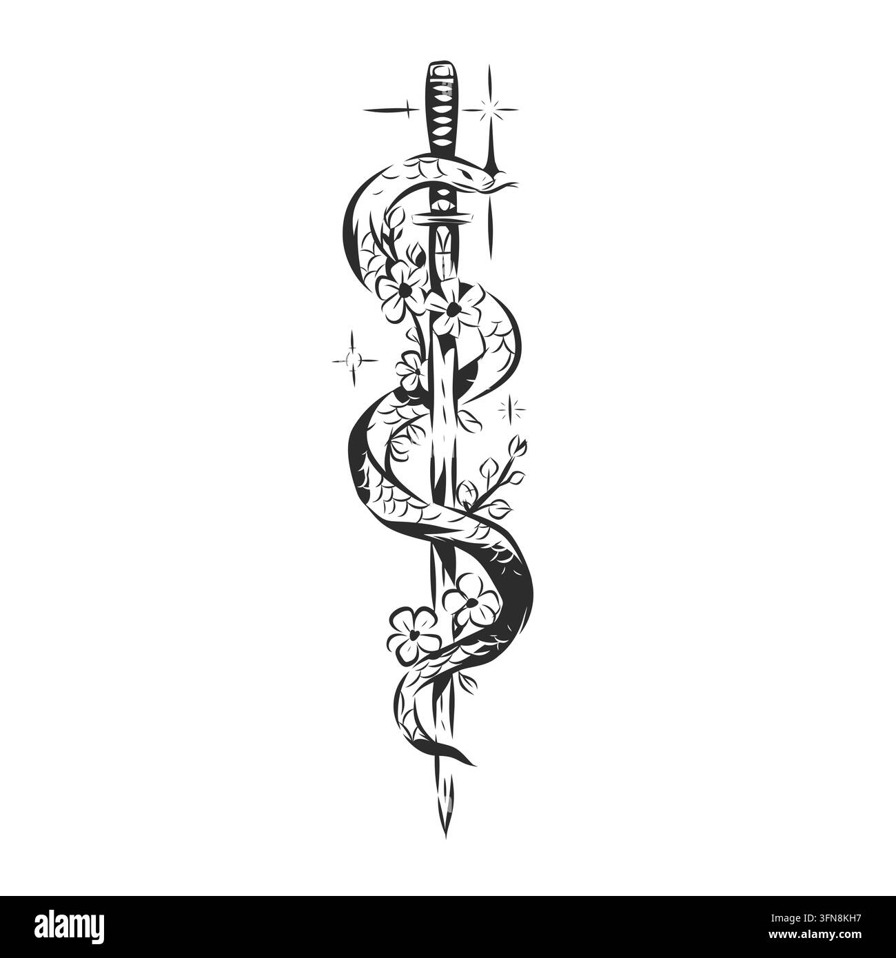 Serpent enroulé autour d'une épée katana avec des fleurs, design de tatouage japonais, illustration vectorielle en noir et blanc de serpent floral Illustration de Vecteur