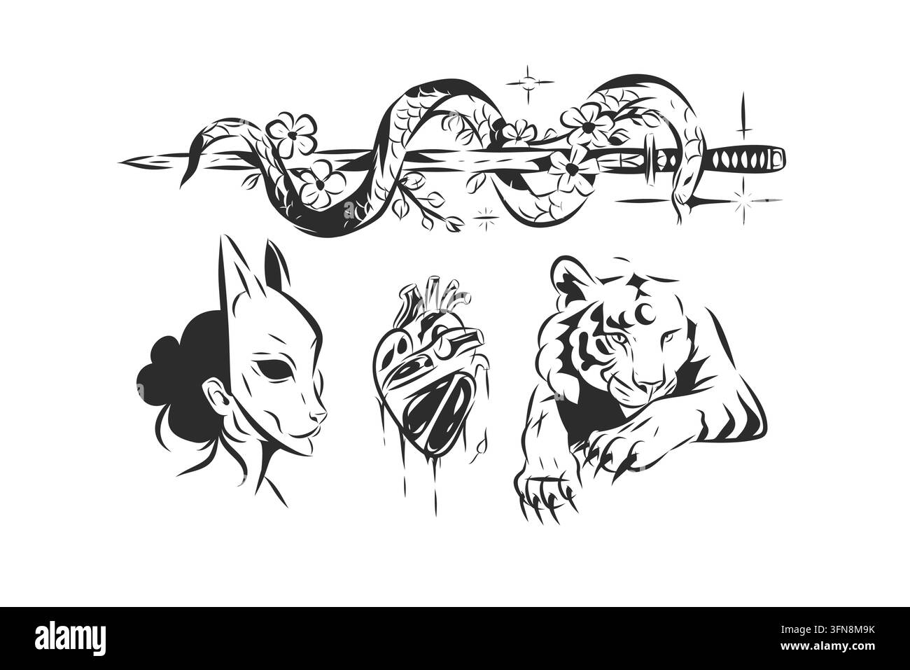 Ensemble de motifs de tatouage japonais avec serpent et Katana, masque Kitsune, tigre et cœur anatomique, collection d'art vectoriel mystique en lignes noires Illustration de Vecteur
