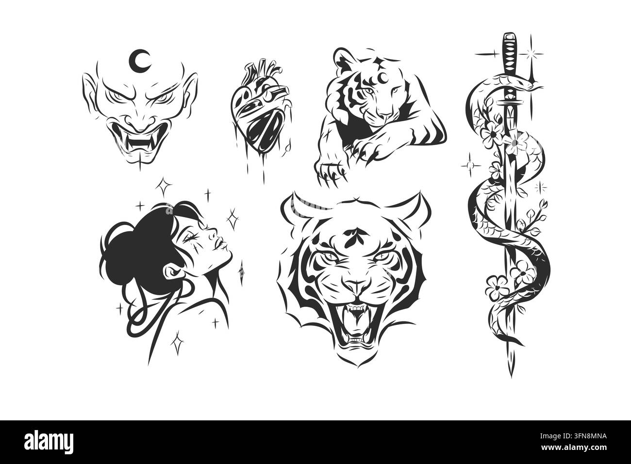 Ensemble de modèles de tatouages japonais avec masque Oni, tigres, cœur anatomique, serpent et Katana, femme mystique, collection d'art ligneaire noir de la mythologie japonaise Illustration de Vecteur