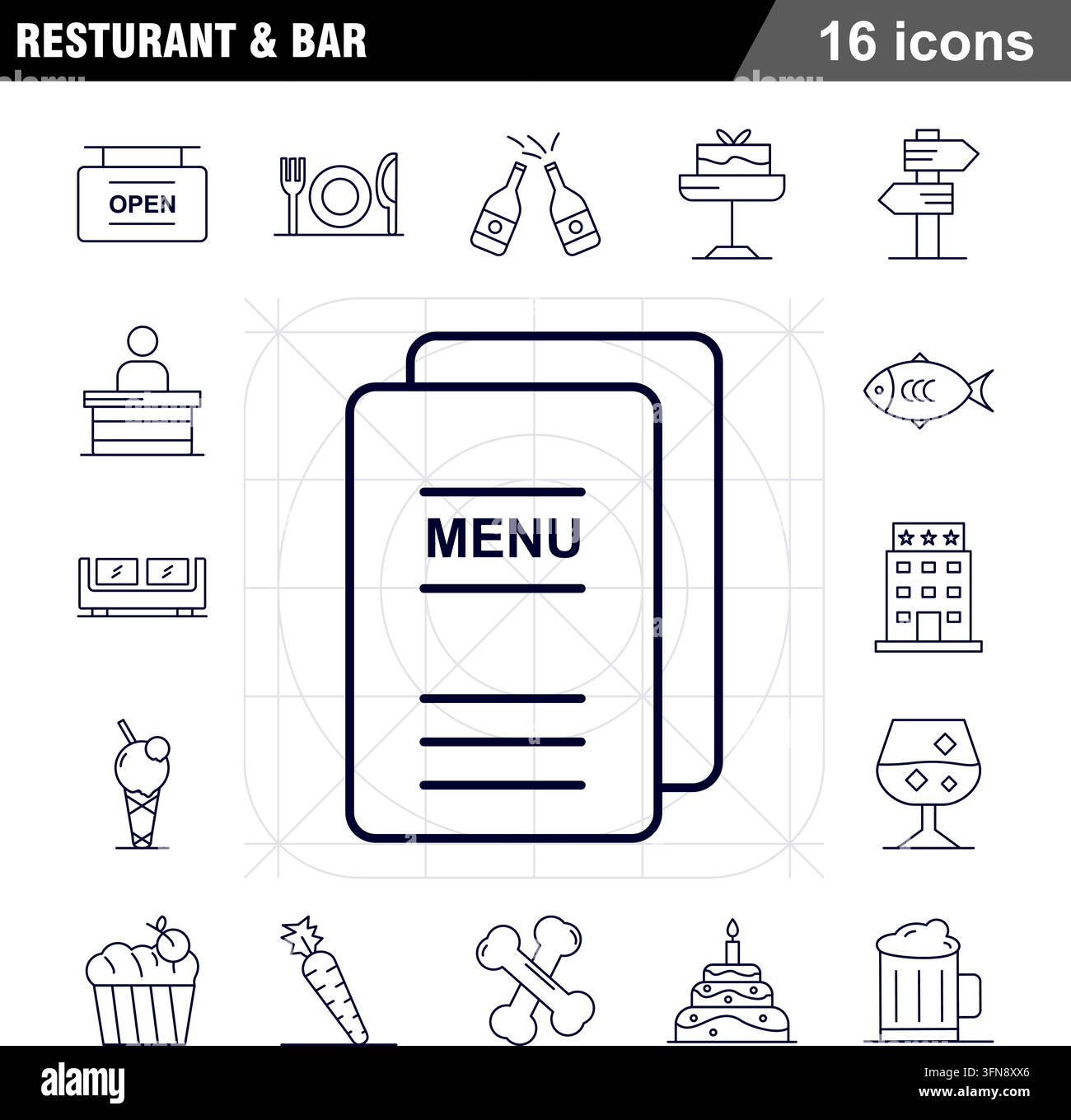 Ensemble d'icônes vectorielles de contour pour restaurant et bar comprenant un menu de restauration, un service d'hospitalité et des plats gastronomiques. Illustration de Vecteur