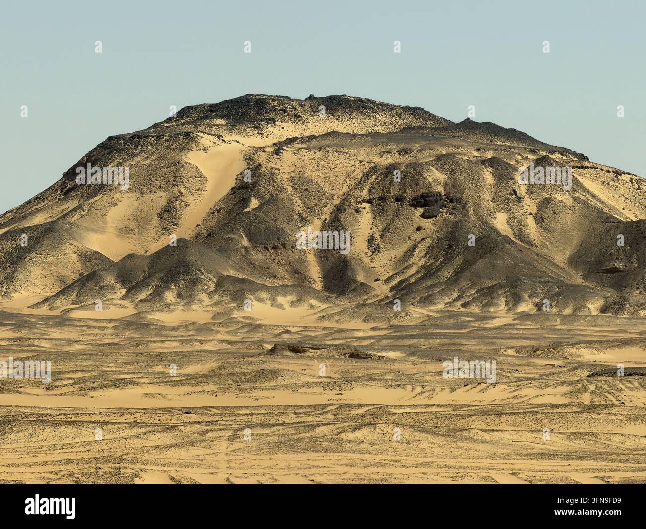 Colline ocre stratifiée dans le Désert Noir, photographiée dans le Désert Noir entre Bahariya et Farafra dans le désert occidental égyptien. - Image de stock capturée avec un smartphone