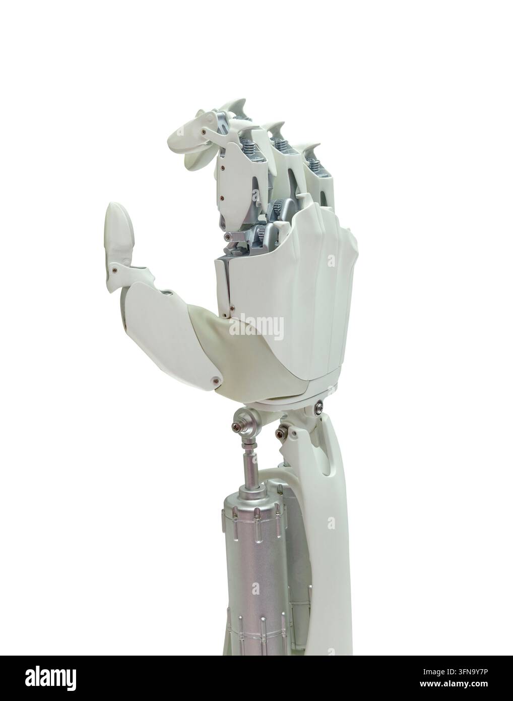 Mécanisme de main robotisée articulée en gros plan sur fond blanc Banque D'Images