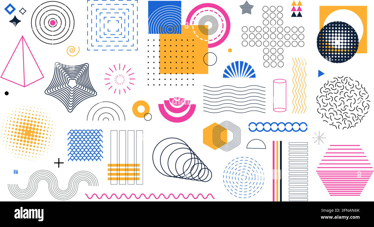 Ensemble de formes géométriques abstraites de style Memphis, lignes, points, demi-teintes, pyramides et éléments graphiques rétro sur fond blanc Illustration de Vecteur