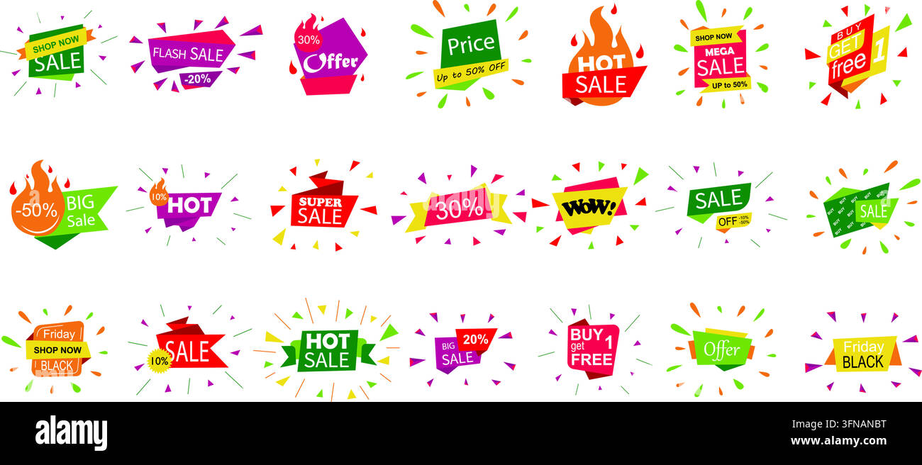 Collection vectorielle vibrante de bannières de solde colorées, badges de réduction, étiquettes de prix promotionnels, autocollants de vente flash et éléments de marketing de détail Illustration de Vecteur