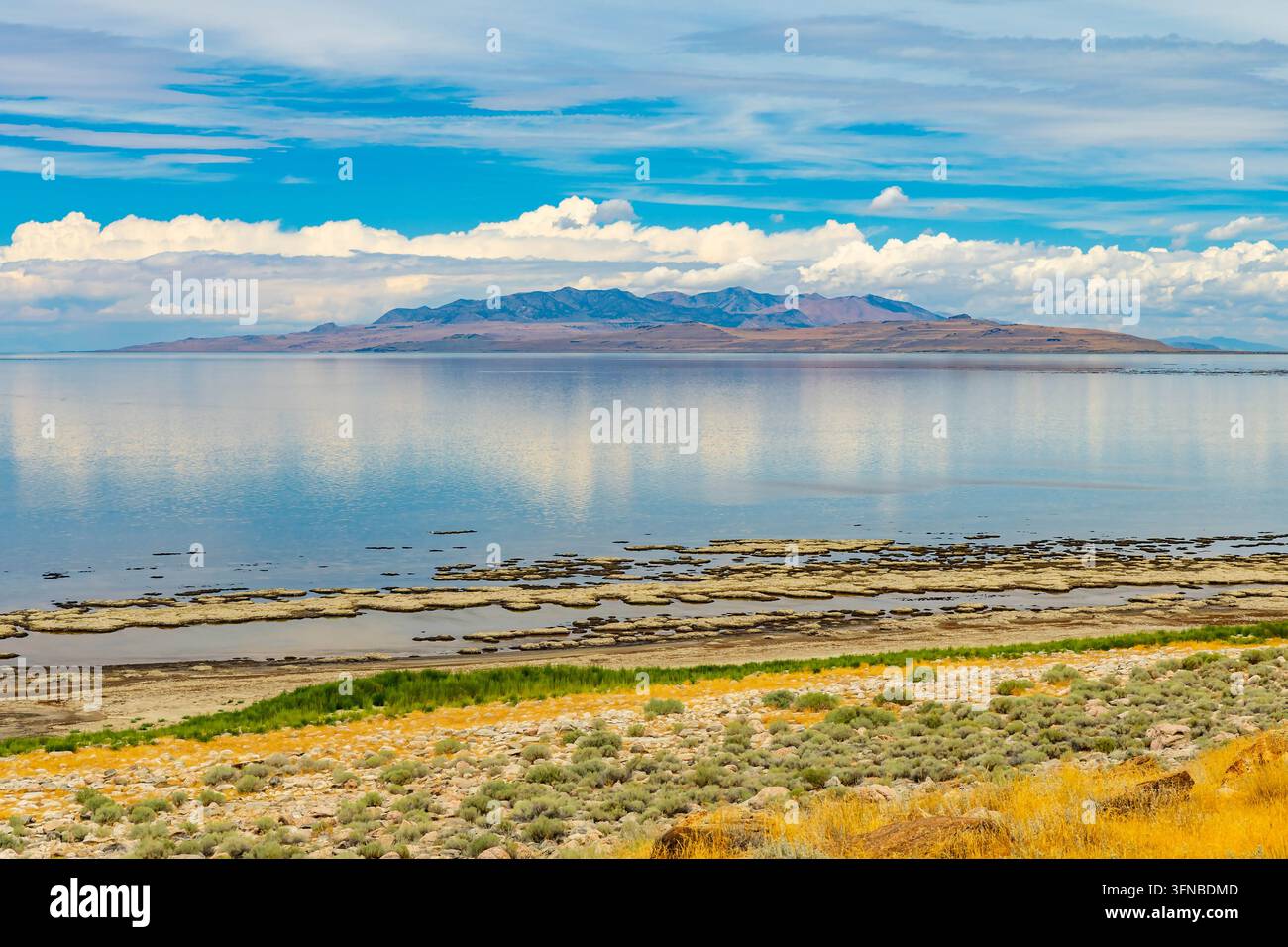 Les eaux calmes du Grand Lac Salé reflètent les chaînes de montagnes lointaines le long de la rive du parc d'État d'Antelope Island dans l'Utah Banque D'Images